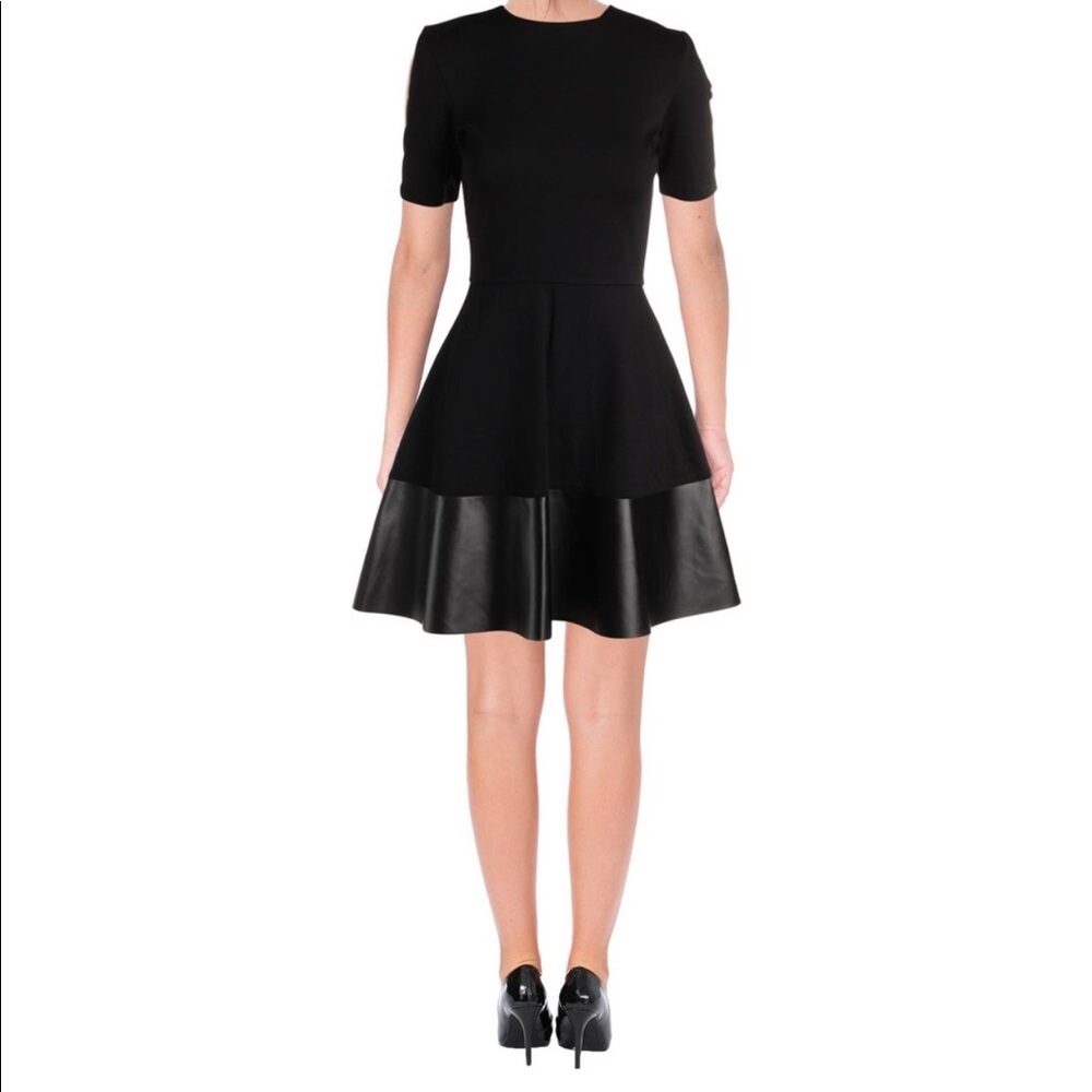 AQUA Black Fit & Flare Short Sleeve  Faux Leather Trim Little Black Mini Dress